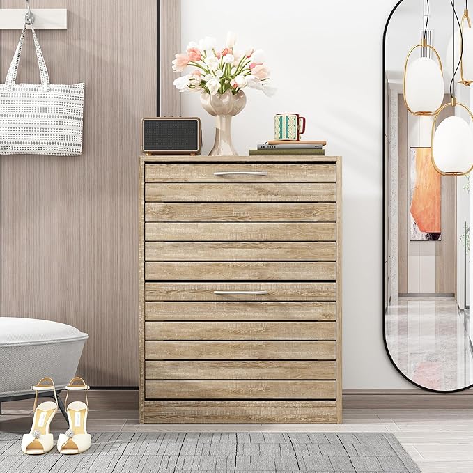 Shoe Cabinet with 2 Flip Drawers, Shoe Storage Organizer with 2-Tier Shelf for Entryway, Freestanding Shoe Rack Storage Organizer, Light Brown-NeatNest