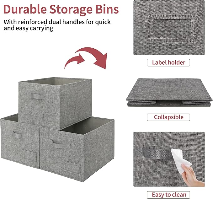 GRANNY SAYS Closet Organizers and Storage, Fabric Storage bins with Label Holder, Shelf Baskets for Organizing Bedroom, Decorative Storage Containers for Wardrobe, Dark Gray, 3-Pack