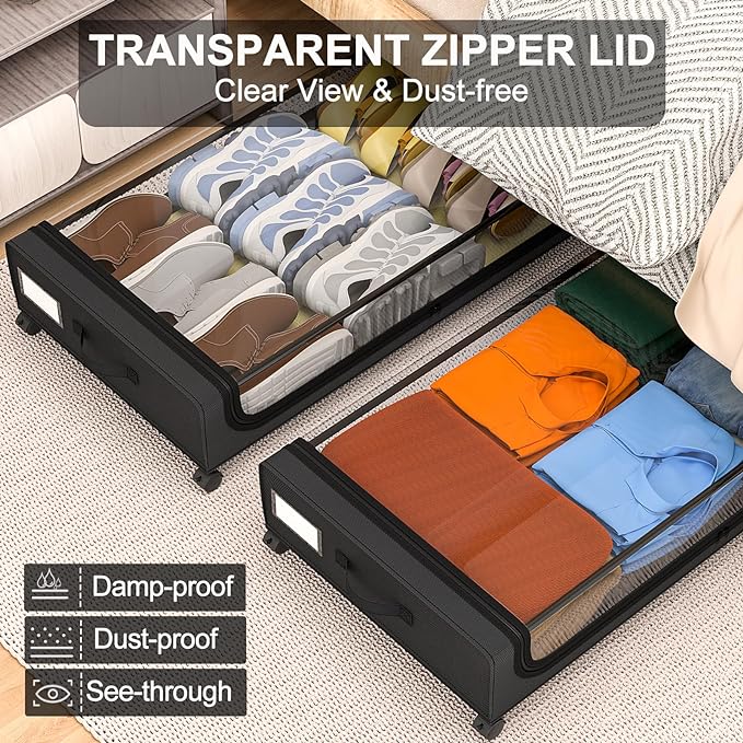 GoMaihe Under Bed Storage with Wheels: XXL Underbed Storage Containers with Clear Lids - Rolling Drawers & Bins for Shoes Clothes in Dorm Bedroom - Space-Saving Easy Pull-out Black 2-Pack-NeatNest