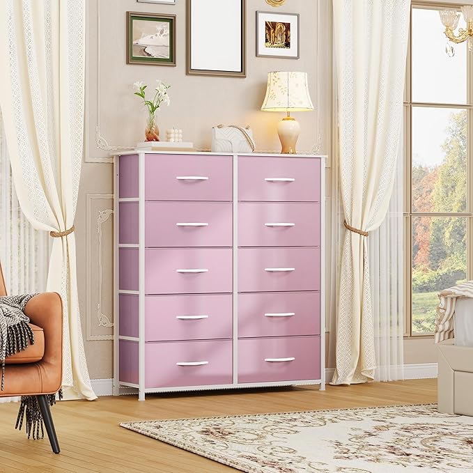 DWVO 10 Drawer Dresser - Fabric Storage Tower, Tall Chest Organizer Unit, Living Room, Hallway, Closets - Sturdy Steel Frame, Wooden Top & Easy Pull Fabric Bins, Pink-NeatNest