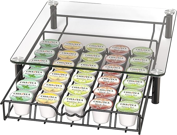 Deco Brothers Crystal Tempered Glass K-Cup Holder Drawer for 30 Coffee Pods Storage, Black-NeatNest