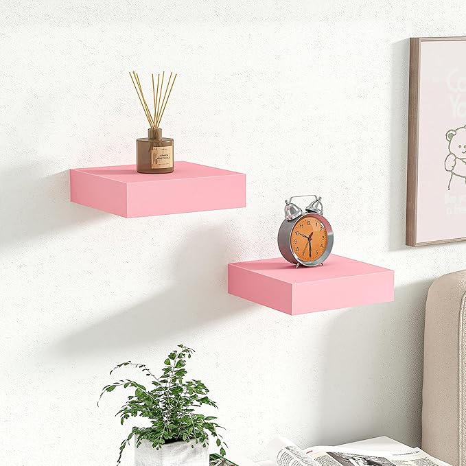 BAMEOS Pink Floating Shelves for Wall, 6" x 6" Wall Shelves for Room, Floating Book Shelves, Hanging Shelves for Bedroom, Bedroom, Living Room, Kitchen (Set of 2)-NeatNest