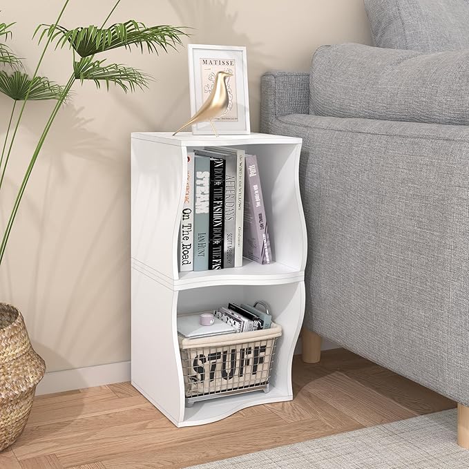 2 Cube Storage Organizer Shelf, Stackable Wooden Bookshelf, Modular Bookcase for Bedroom, Living Room, Office, Study (White)-NeatNest