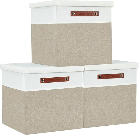 DECOMOMO Storage Basket with Lid, Storage Cubes with Handles, Fabric Box with Lid (Beige and White, 13” / 3 Pack)-NeatNest