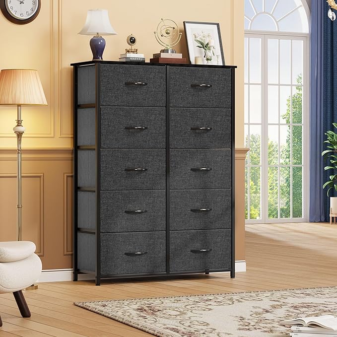 DWVO 10 Drawer Dresser - Fabric Storage Tower, Organizer Unit for Bedroom, Living Room, Hallway, Closets - Sturdy Steel Frame, Wooden Top & Easy Pull Fabric Bins-NeatNest