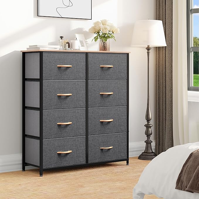 DWVO Dresser for Bedroom, Fabric Dresser with 8 Drawers, Tall Double Drawer Chest of Drawers for Closet, Living Room, Sturdy Steel Frame, Wooden Top, Easy Pull Handle-NeatNest