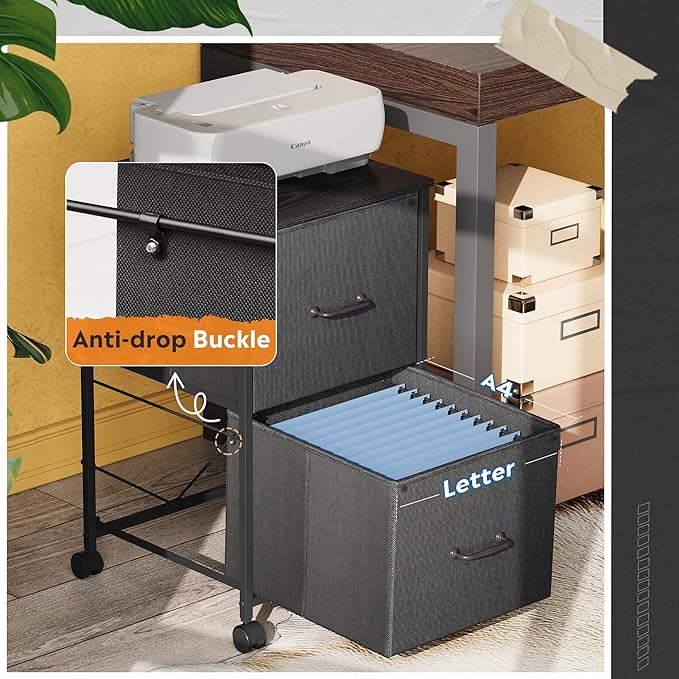 DEVAISE 2 Drawer Mobile File Cabinet, Rolling Printer Stand, Fabric Vertical Filing Cabinet fits A4 or Letter Size for Home Office, Black-NeatNest