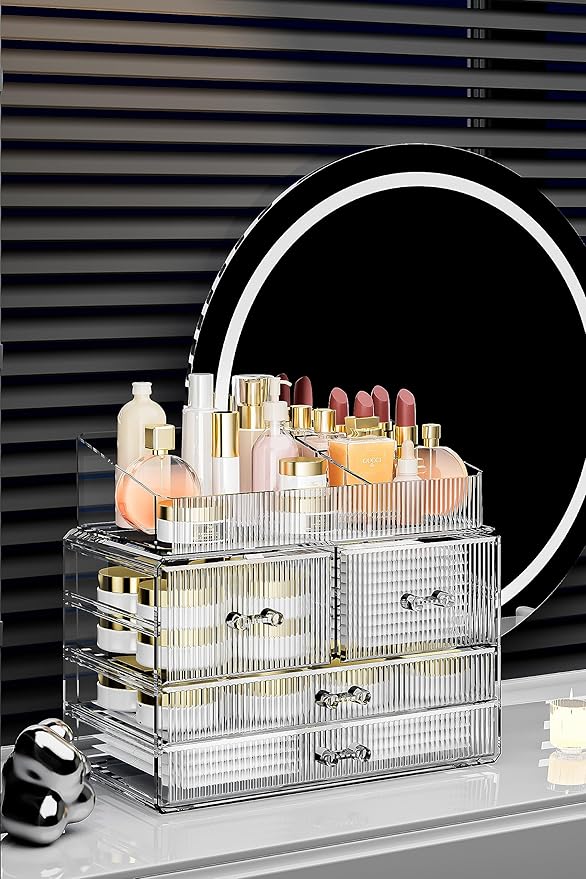 ZHIAI Stackable Storage Drawers, Acrylic Bathroom Counter Organizer Clear Makeup Organizers for Vanity, Kitchen Cabinets, Bathroom, Undersink, Home Organization and Storage (1 Top 4 Drawers D)-NeatNest
