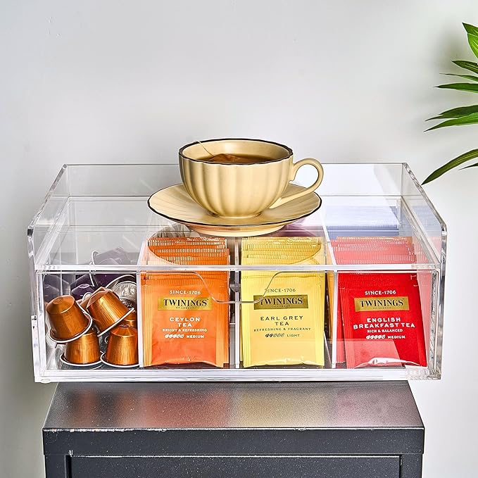 Acrylic Tea Station Organizer for Countertop - Tea Bag Organizer Drawer, Clear Lucite K Cup and Coffee Pod Storage box with 8 Compartments, Tea Caddy Creamer Holder Display Stand-NeatNest