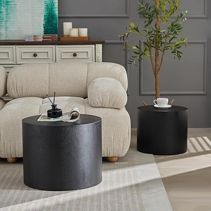 kevinplus Nesting Coffee Table Set of 2 for Living Room, Modern Round End Table Set, Wooden Circle Side Table and Accent Furniture for Bedroom Balcony Lounge Home Office, No Assembling, Matte Black