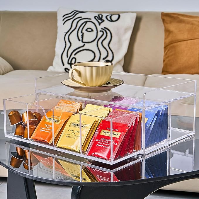 Acrylic Tea Station Organizer for Countertop - Tea Bag Organizer Drawer, Clear Lucite K Cup and Coffee Pod Storage box with 8 Compartments, Tea Caddy Creamer Holder Display Stand-NeatNest