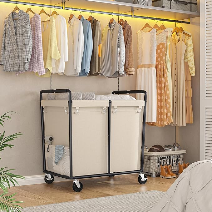 Laundry Basket with Wheels Large Rolling Hamper 300L Heavy Duty Laundry Cart with Handle Durable Clothes Hamper with Steel Frame for Laundry Bedroom, Cream White