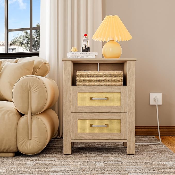 JUMMICO 26.18" End Table with Charging Station and Rattan Drawers, Farmhouse Nighstand, Wooden Storage Bedside Table, Living Room, Bedroom(1, Light Oak)