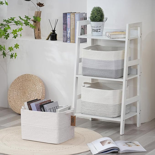COMFY-HOMI Cotton Rope Woven Basket with Handles for Shelves,Toys,Book, Cloth Storage Baskets Bin for Organizing-13.5"x11"x9.5" Toy Decorative Organizer for Living Room, Bathroom-All White-NeatNest