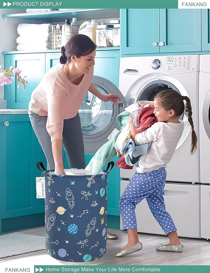 FANKANG Storage Basket, Nursery Hamper Canvas Laundry Basket Foldable with Waterproof PE Coating Large Storage Baskets for Kids Boys and Girls, Office, Bedroom, Clothes,Toys(Colorful Space )