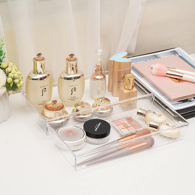 Backerysupply 4 Pack Storage Bins For Bathroom Cosmetic Makeup Vanity Clear Plastic Desk Drawer Organizers Tray Kitchen Utensils Silverware Dividers 15"x6"x2"-NeatNest