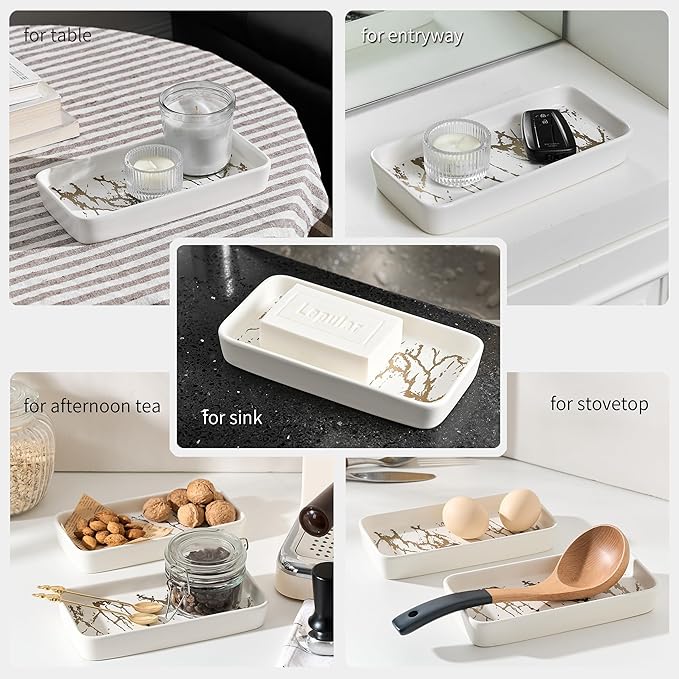 Bathroom Vanity Tray for Countertop,2PC Rectangle Marble Tray Set,Decorative Bathroom Organizer for Scrubber, Lotion Bottles, Perfume, Jewelry, Candle, Key Trinket Ring(Small,White)-NeatNest