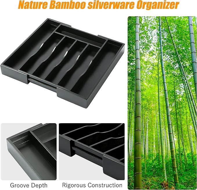 Bellsal Black Silverware Organizer Kitchen Drawer Organizer Expandable Bamboo Utensil Holder Cutlery Tray for Kitchen Utensil and Flatware Bedroom Office-NeatNest