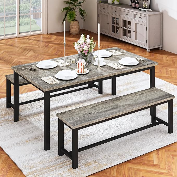 DKLGG Dining Room Table Set for 4, 47" Farmhouse Dining Table with Benches 3 Pieces Rectangular Kitchen & Dining Room Sets for Small Space, Restaurant, Apartment, Grey & Black-NeatNest
