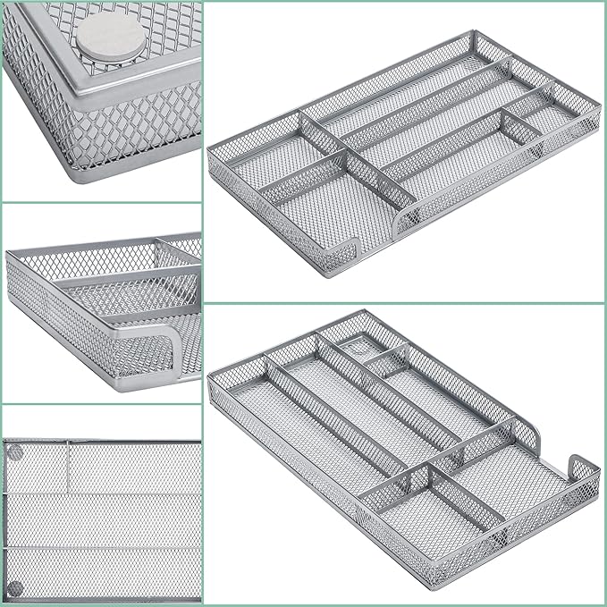 Annova Desk Drawer Organizer Tray for Office Organization - Metal Mesh - Storage Tray with Dividers for Pens, Desktop Accessories, Bathroom, Kitchen, Makeup and Office Supplies (Small, Silver)-NeatNest