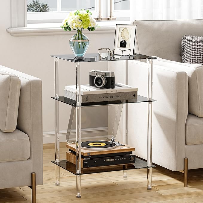 Tempered Glass Side Tables Set of 2 Acrylic End Table with 3 Storage Shelve Transparent Bedside Simplicity Clear 3-Tier Nightstands for Small Spaces Office Bedroom Living Room Study Black ET-008BK3T