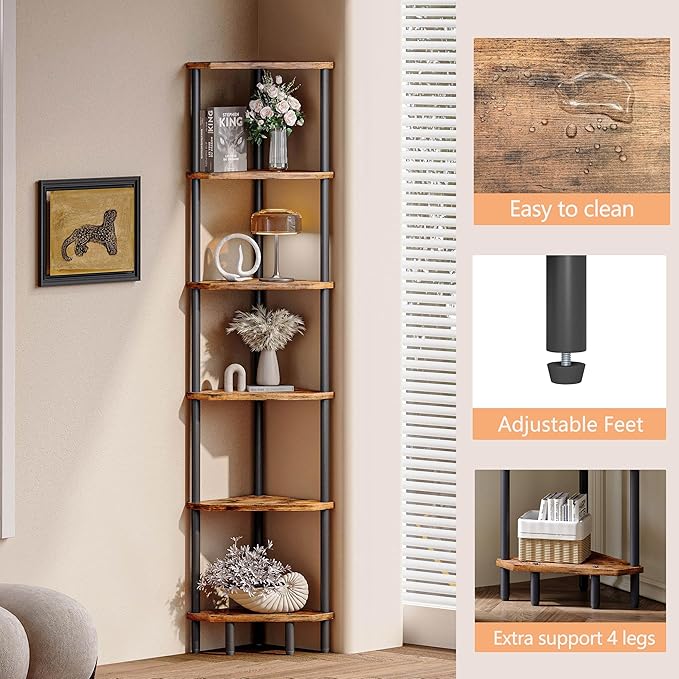 6 Tier Corner Shelf, 66.5'' Tall Standing Shelf, Narrow Display Shelf Stand, Modern Corner Bookshelf, Plant Stand, Corner Bookcase for Living Room, Bedroom, Bathroom, Rustic Brown LCS502R-NeatNest