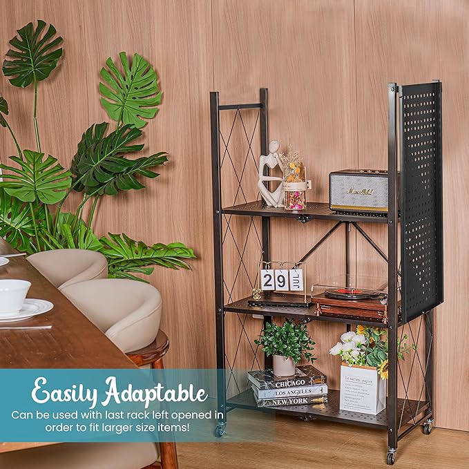 4-Tier Foldable Shelf, Black-Strong and Durable Multipurpose Folding Shelves for Storage with Locking Wheels-Easy to Assemble, Clean, Fold