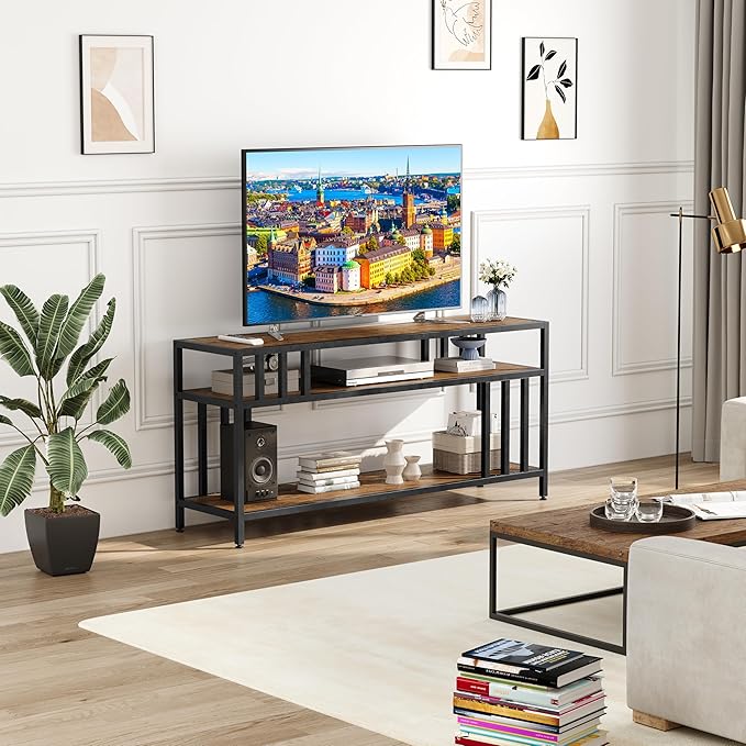 Garvee 58" TV Stand for Television up to 65 Inches, Entertainment Center with 3-Tier Open Shelves, TV Media Console Table with Quadruple-Tube Support for Living Room, Entryway, Rustic Brown-NeatNest