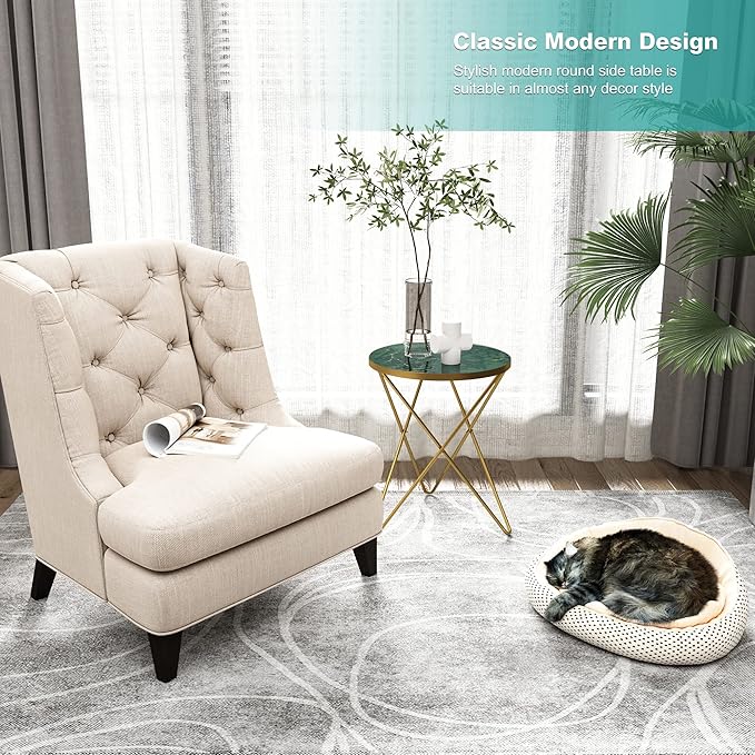 HLR Modern Round Side Table Set of 2, End Table with Marble Effect Top and Gold Metal Frame, Small Side Table for Living Room, Bedroom, Sofa and Couch, Gold Legs, Green Marble top