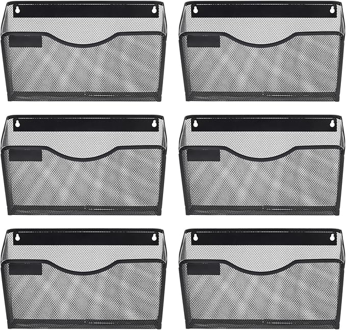 EasyPAG 6 Pack Wall File Holder with Label Panel, Single Mesh Hanging File Organizer for A4 Letter Size Paper, Wall Mount Paperwork Basket for Office, Home, School, Black