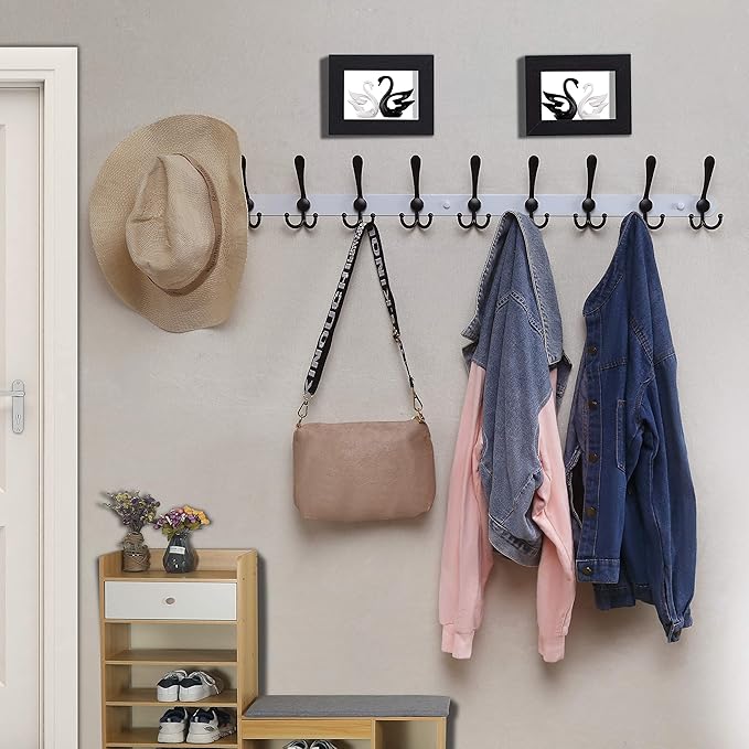 Dseap Coat Rack Wall Mount - 38” Long 10-Tri-Hooks Heavy Duty Coat Hanger Rail Wall Hooks for Hanging Coats Hats Clothing Clothes Purse Mudroom Entryway, White/Black-NeatNest