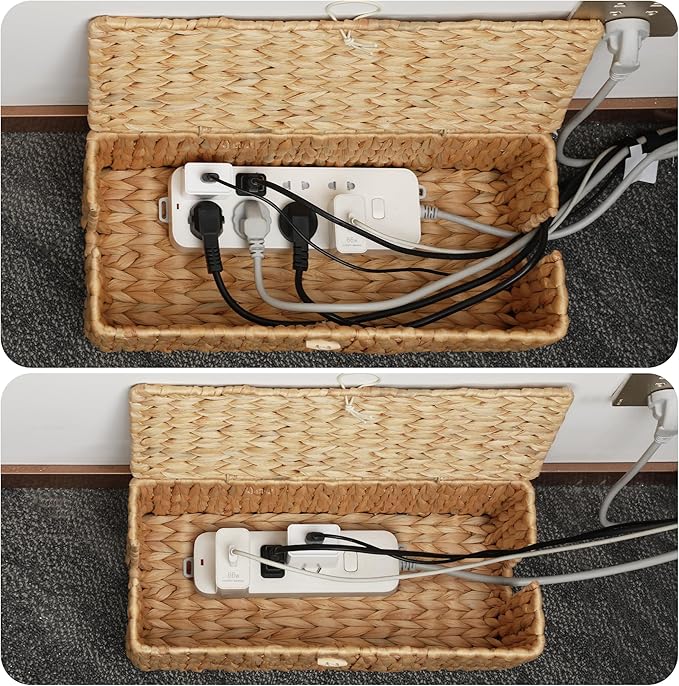 Posprica Cable Management Box with Lid, 2Pack Handwoven Real Water Hyacinth Cord Hider Organizer Boxes, 2 Side Open Slots Storage Box to Hide Cords Power Strip for Desk, Floor, Office