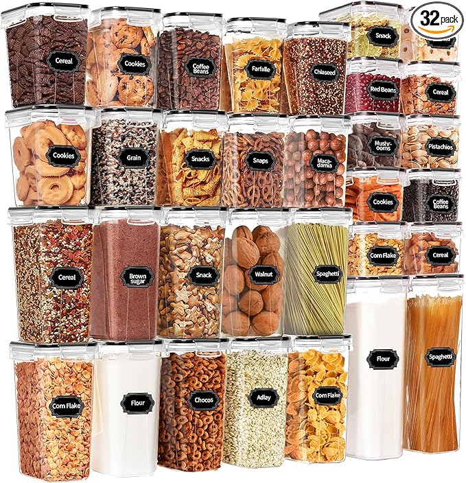Skroam 32 PCS Airtight Food Storage Containers with Lids, Kitchen and Pantry Organizers and Storage, BPA Free, Plastic Food Storage Canisters for Flour, Sugar, and Cereal, Labels & Marker