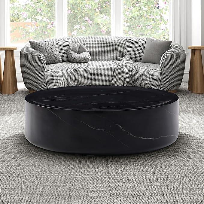Marble Coffee Table, Modern Round Coffee Table, Circle Drum Coffee Tables, Fiberglass Center End Table for Living Room Apartment Office, No Assembly (31.49" Faux Marble Black)