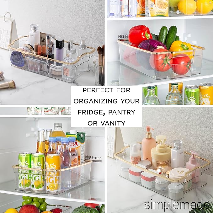 SIMPLEMADE Clear Refrigerator Organizer Bins - Clear Bins for Fridge, Containers for Fridge and Freezer, Multipurpose Storage for Kitchen, Office, Bathroom, Gold Rim (8.5" x 14.6")