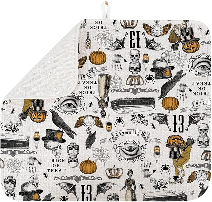 Dish Drying Mat for Kitchen Counter Large 18" x 24" Vintage Halloween Absorbent Microfiber Dishes Drainer Rack Mats Pad Reusable Washable