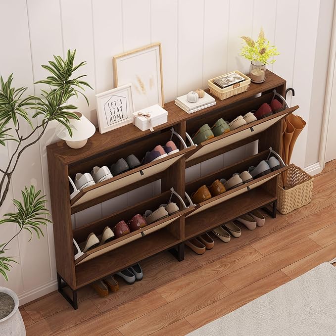 AVZEAR Freestanding Shoe Organizer with 2 Flip Drawer Doors, Entryway & Closet Shoe Storage, Linen Doors, Walnut-NeatNest