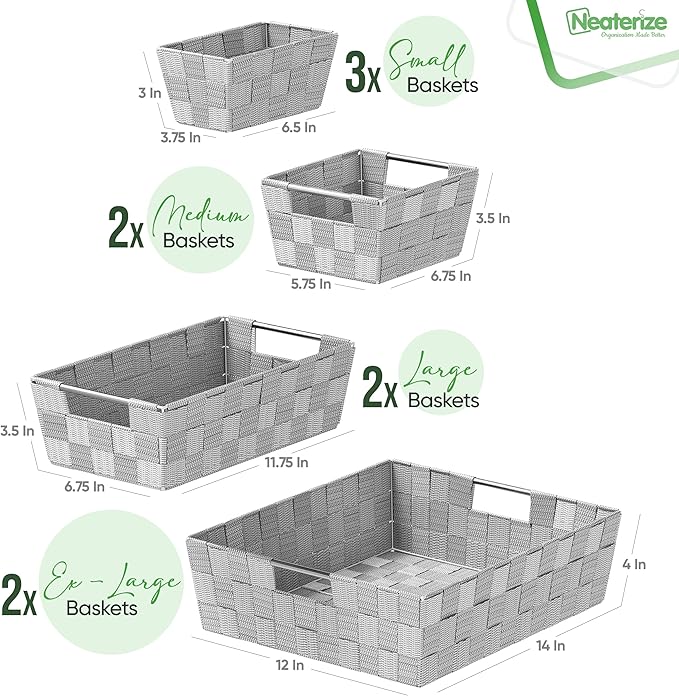 Baskets For Organizing Set Of 9 Grey - Storage Baskets For Shelves - Perfect Closet Organizer Bins, Bathroom Basket, and Pantry Basket - Small Storage Bins For Shelves - Bin For Organization-NeatNest