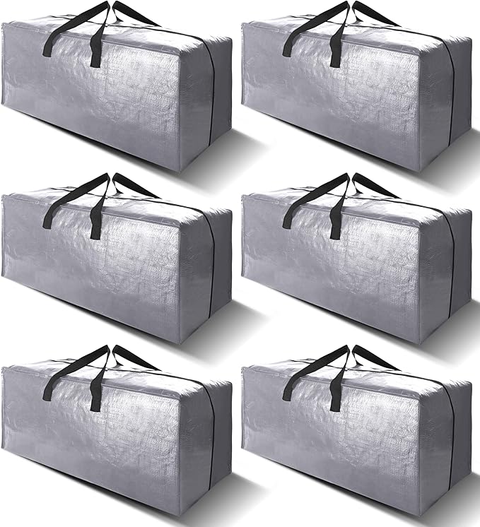 6 Pack Heavy Duty Extra Large Moving Bags W/Backpack Straps - Strong Handles & Zippers, Storage Totes For Space Saving, Fold Flat, Alternative to Box and Bin (40 gal, Silver)