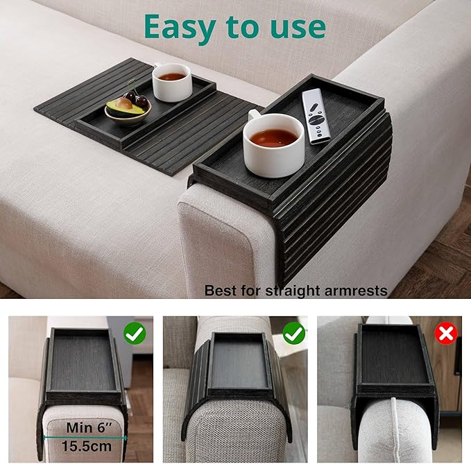 DETOR Couch Arm Tray, TV Tray with Capacious 12.4" x 5.4" Storage Box, Bamboo Grain Stained Black Color, Enhanced Nonslip Felt Bottom, Sturdy Bamboo Slats Material | for Armrests 6" and Wider-NeatNest