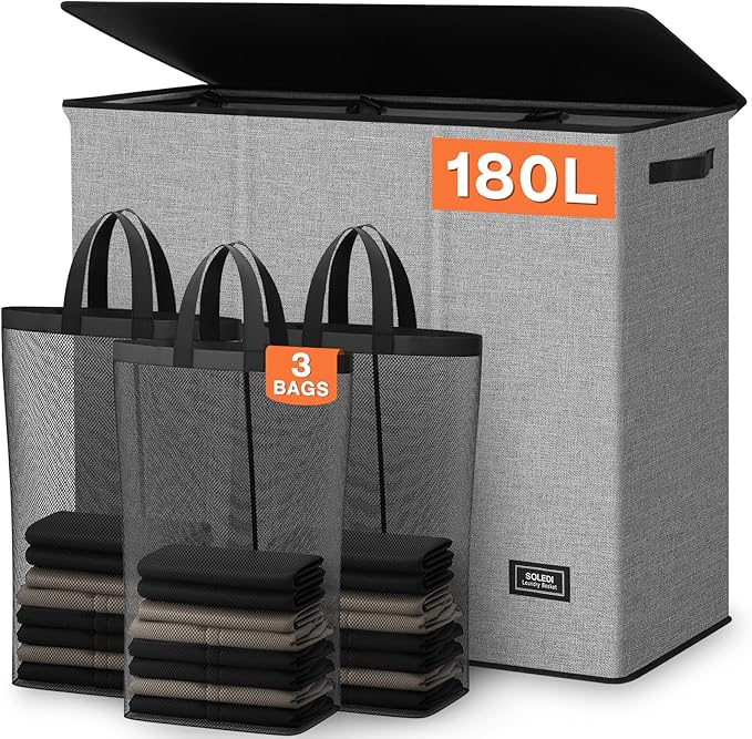 SOLEDI 180L Laundry Hamper 3 Section, Extra Large Laundry Hamper with Lid, Dirty Clothes Hamper with Sturdy Handle, Large Laundry Basket Organizer for Laundry Room, Bedroom, Hampers for Laundry-NeatNest