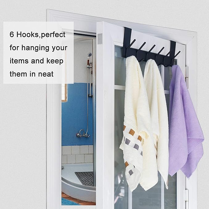 WEBI Over The Door Hook Door Hanger:Over The Door Towel Rack with 6 Coat Hooks for Hanging,Door Coat Hanger Towel Hanger Over Door Coat Rack for Towels,Clothes,Back of Bathroom,Black,2 Packs