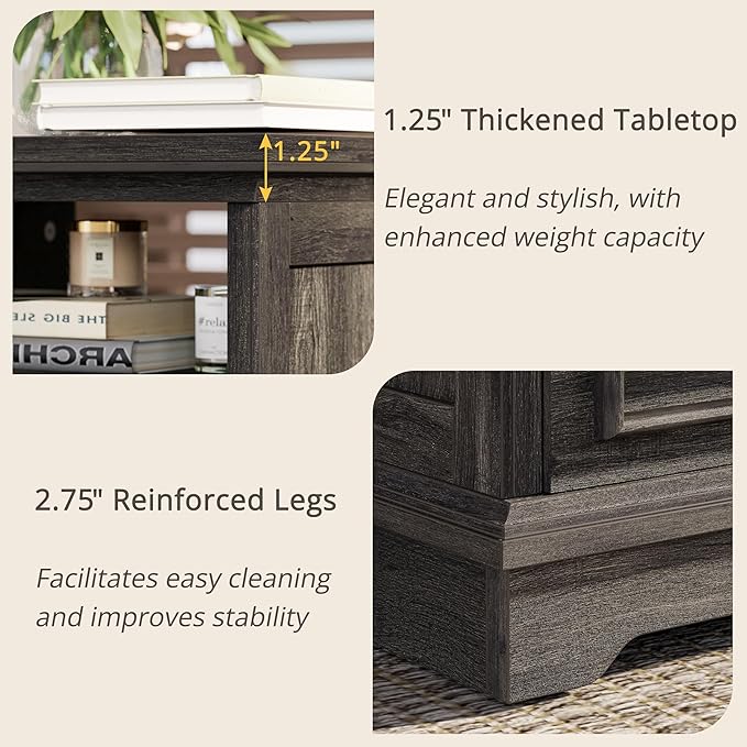 LIKIMIO Farmhouse Nightstand with Storage Drawers and Open Shelf, Small End Tables Living Room, Rustic Wood Side Tables for Bedroom, Roman Column Design, Charcoal Grey