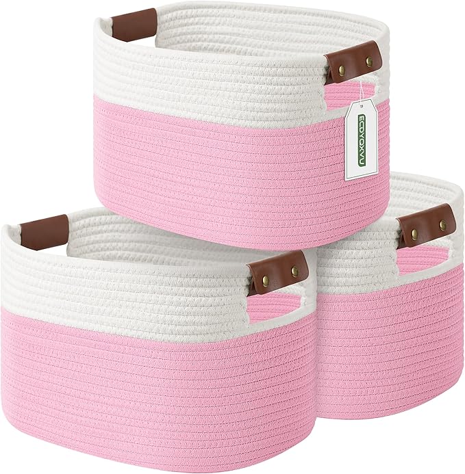 Cotton Rope Basket , Storage Baskets with Handle, 15x10x9 Inch Woven Basket for Shelves, Laundry, Towels, Clothes, Books, Toys (White/Pink 3Pack)-NeatNest