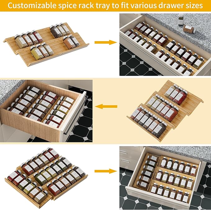 Bamboo Spice Drawer Organizer - 4 Pack 13"x4.7"x1.6" Spice Rack Tray - Spice Jars Drawers Insert - Seasoning Organizer for Drawers/Countertop (Jars not included)…-NeatNest