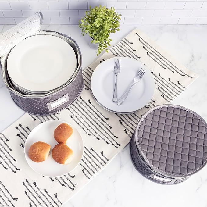 Fine China Storage - Set of 4 Quilted Cases for Dinnerware Storage. Sizes: 12" - 10" - 8" and 7" Wide - Gray - 48 Felt Plate Separators Included-NeatNest