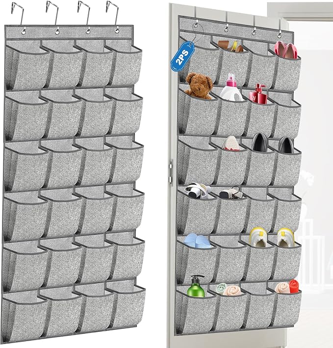 2 Pack Over the Door Shoe Organizer, Hanging Shoe Rack Storage Holder with 48 Large Pockets for Closet Door (Grey)-NeatNest