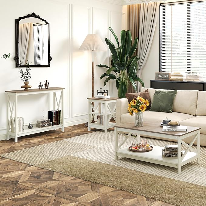 Sophia & William Farmhouse Coffee Table with Storage Shelf for Living Room, Ivory-NeatNest