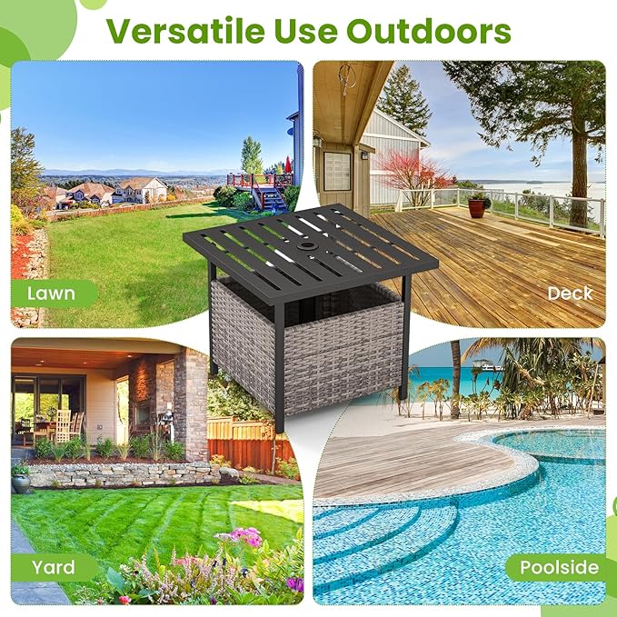 Patio Side Table with Umbrella Hole, 22" Rattan Wicker Umbrella Stand Table, Outdoor End Table for Patio, Garden, Poolside & Yard (Mix Gray)