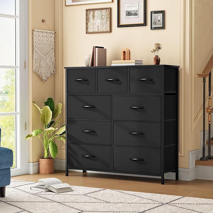 DWVO Dresser with 9 Drawers - Fabric Storage Tower, Organizer Unit for Living Room, Hallway - Sturdy Steel Frame, Wooden Top & Easy Pull Fabric Bins (Black)-NeatNest